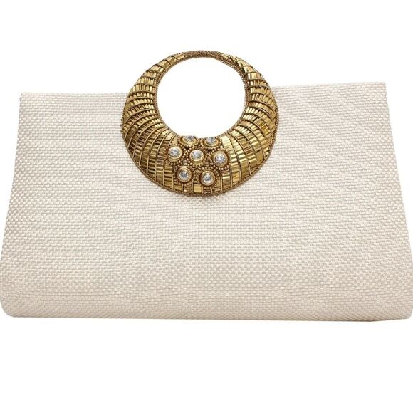 Cream Gold Bead Stone Jute Evening Clutch Purse - Picture 1 of 6